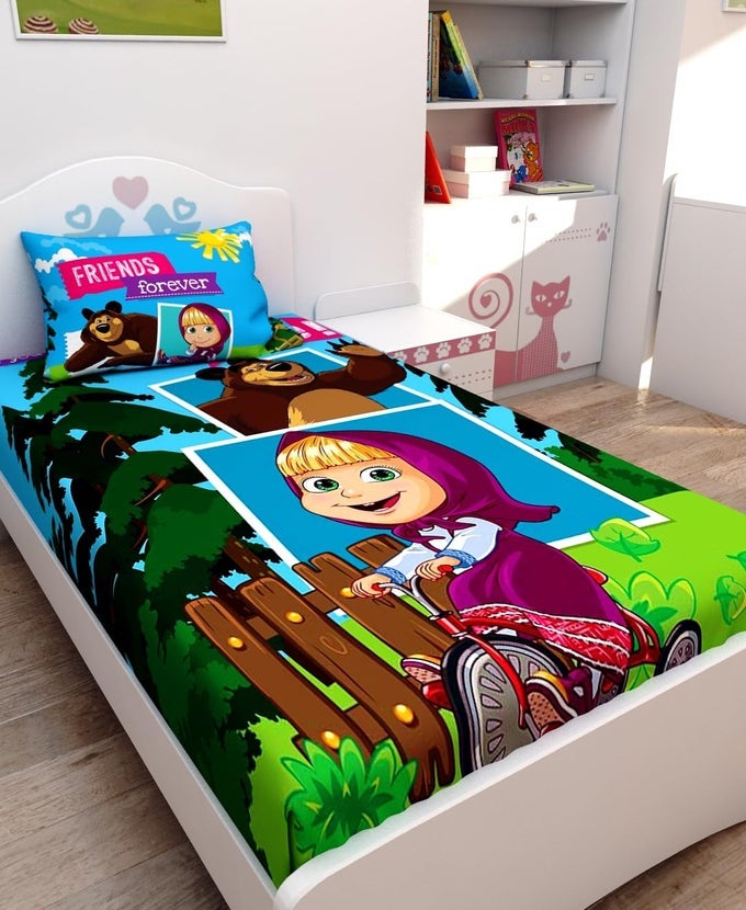 MASHA AND THE BEAR DIGITAL PRINTED COTTON KIDS SINGLE BEDSHEET 147X223 CM WITH 1 PILLOW COVER