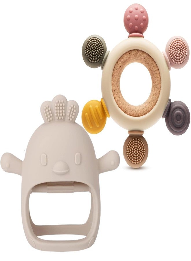 SADRUCHI Silicone & Wooden Baby Teether for 3+ Months, BPA-Free Food Grade Teething Toy with Wooden Ring, Soft Gum Soothing Chew Toy for Infants, Newborn Babies Boys & Girls (Teether Cream+ Ring Pink) - Image 1