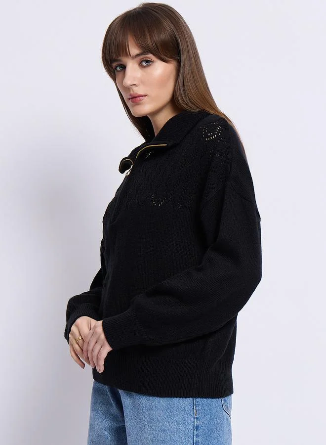 Femmella Black High Neck Half Zipper Sweater