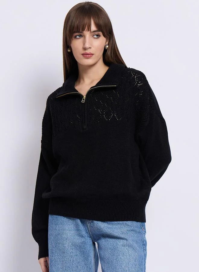 Femmella Black High Neck Half Zipper Sweater