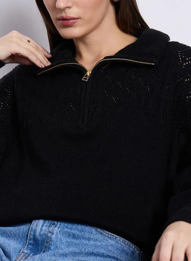 Femmella  Black High Neck Half Zipper Sweater for Women | Best Price UAE