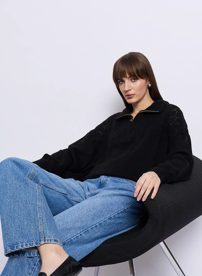 Femmella  Black High Neck Half Zipper Sweater for Women | Best Price UAE