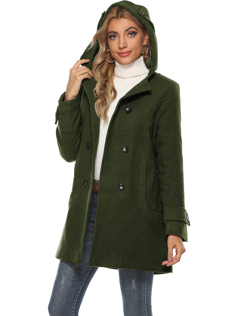 Tanming Women's Warm Double Breasted Wool Pea Coat Trench Coat Jacket with Hood (Armygreen-M) - Image 2