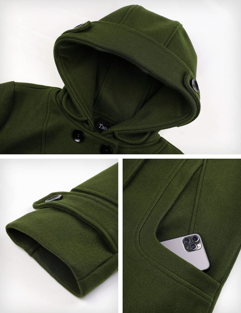 Tanming Women's Warm Double Breasted Wool Pea Coat Trench Coat Jacket with Hood (Armygreen-M) - Image 4