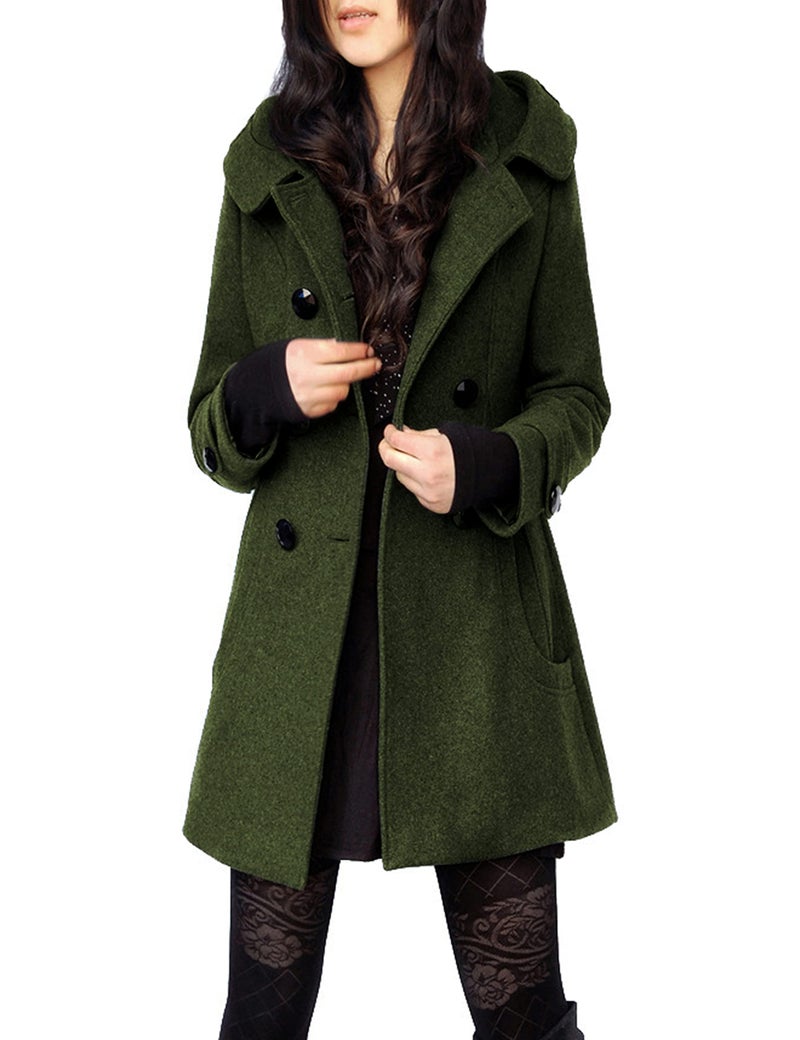 Tanming Women's Warm Double Breasted Wool Pea Coat Trench Coat Jacket with Hood (Armygreen-M) - Image 1
