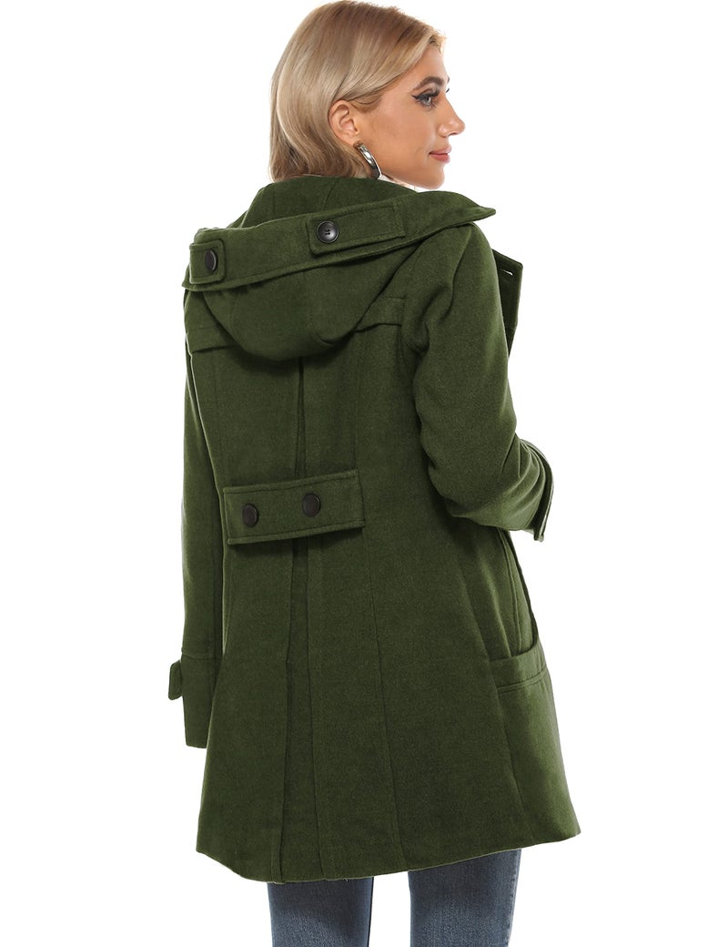 Tanming Women's Warm Double Breasted Wool Pea Coat Trench Coat Jacket with Hood (Armygreen-M) - Image 3
