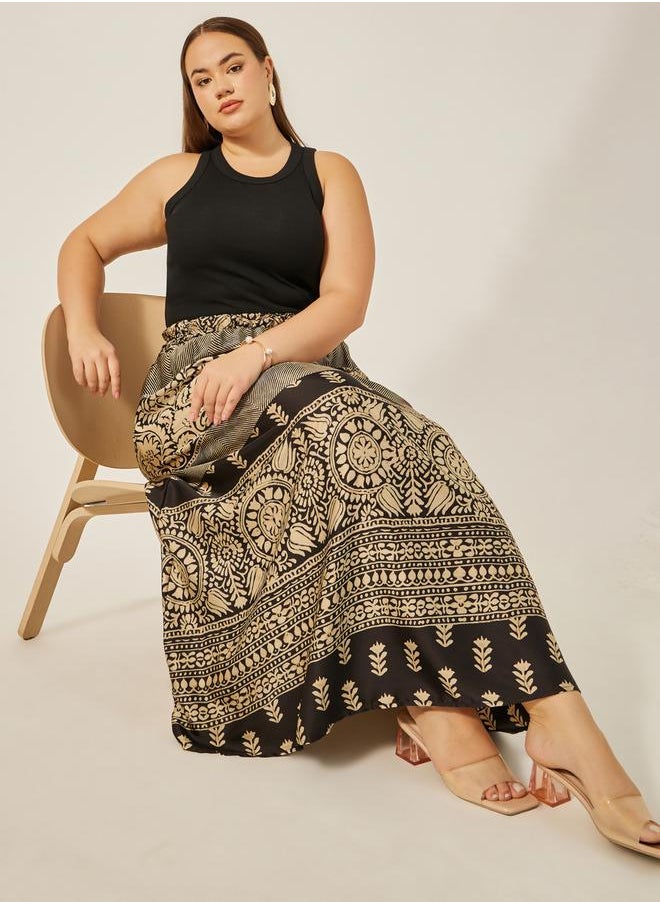 Styli Plus Size Printed S-Line Maxi Skirt with Elasticated Waistband  - Image 1