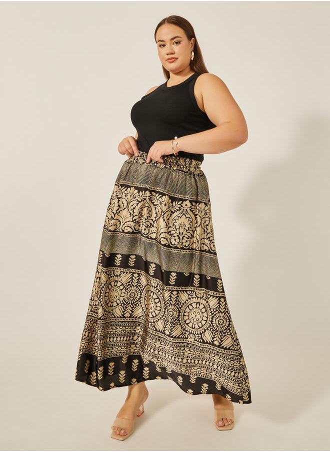 Styli Plus Size Printed S-Line Maxi Skirt with Elasticated Waistband  - Image 2