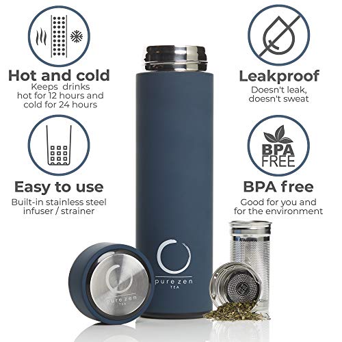 Pure Zen Tea Thermos with Infuser for Hot and Cold Infusions - Stainless Steel - Tea Infuser Bottle - Leakproof Travel Mug with Filter - 15oz - Blue - Image 4