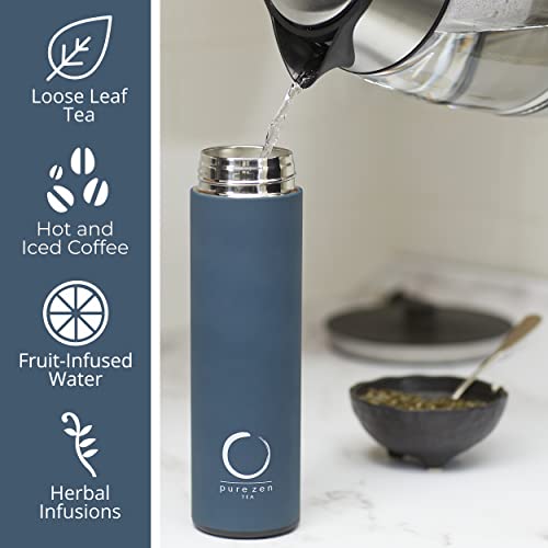 Pure Zen Tea Thermos with Infuser for Hot and Cold Infusions - Stainless Steel - Tea Infuser Bottle - Leakproof Travel Mug with Filter - 15oz - Blue - Image 3