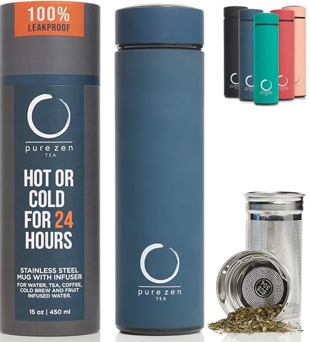 Pure Zen Tea Thermos with Infuser for Hot and Cold Infusions - Stainless Steel - Tea Infuser Bottle - Leakproof Travel Mug with Filter - 15oz - Blue - Image 1