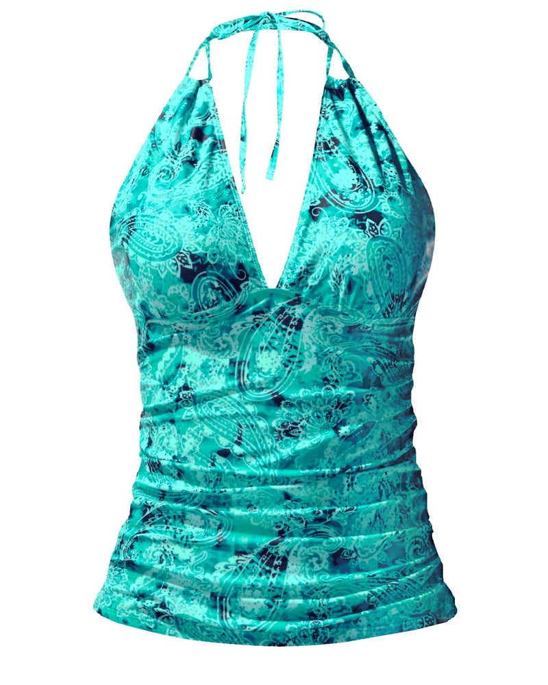 Yonique Women's Halter Tankini Top No Bottom V Neck Swim Top Tummy Control Bathing Suit Top Blue Paisley 02 L - Image 1