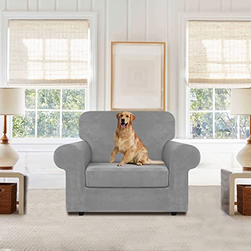 WEERRW Velvet Stretch Chair Sofa Slipcover - 2 Pieces Luxury Soft Velvet Plush Couch Cover Furniture Protector with Elastic Bottom for Pets, Machine Washable, Silver, Small - Image 2