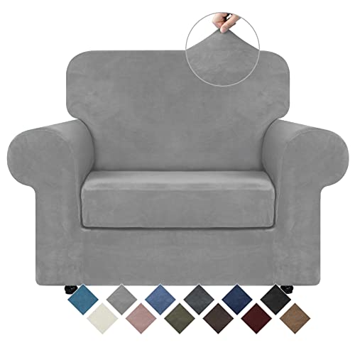 WEERRW Velvet Stretch Chair Sofa Slipcover - 2 Pieces Luxury Soft Velvet Plush Couch Cover Furniture Protector with Elastic Bottom for Pets, Machine Washable, Silver, Small - Image 1