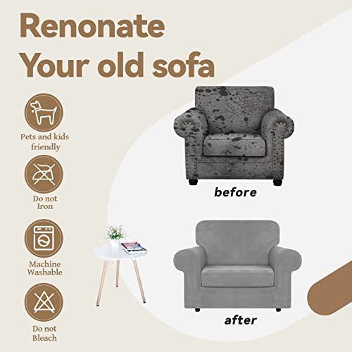 WEERRW Velvet Stretch Chair Sofa Slipcover - 2 Pieces Luxury Soft Velvet Plush Couch Cover Furniture Protector with Elastic Bottom for Pets, Machine Washable, Silver, Small - Image 5