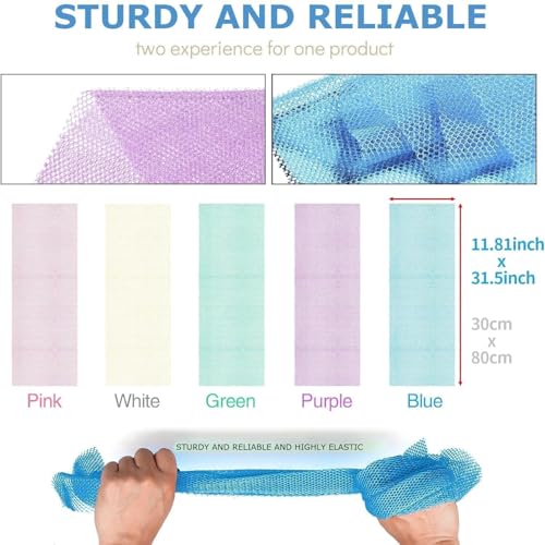 UJFQBH 5 Pieces African Bath Sponge African Net Long Net Bath Sponge Exfoliating Shower Body Scrubber Back Scrubber Skin Smoother,Great for Daily Use (Purple, Pink, Green, Blue, White) - Image 3