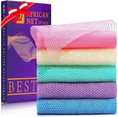 UJFQBH 5 Pieces African Bath Sponge African Net Long Net Bath Sponge Exfoliating Shower Body Scrubber Back Scrubber Skin Smoother,Great for Daily Use (Purple, Pink, Green, Blue, White) - Image 1