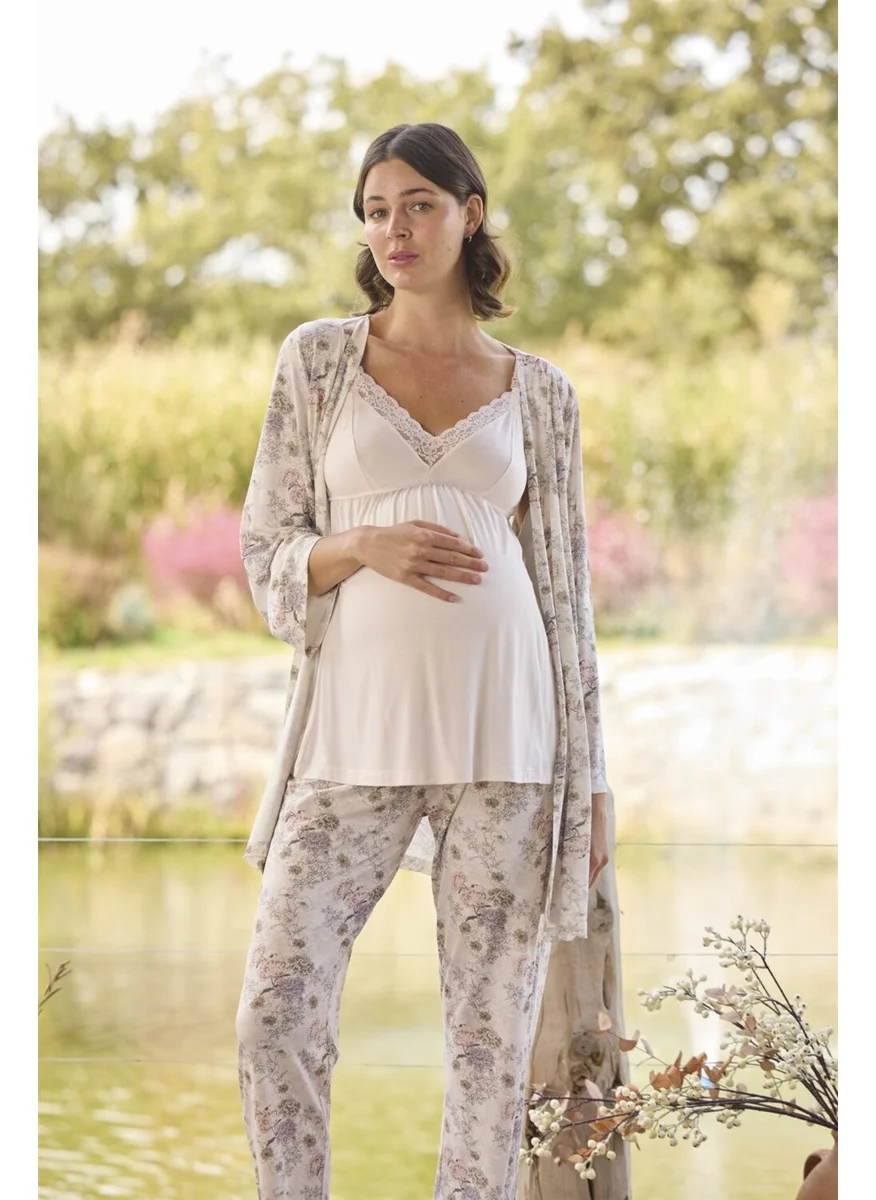 موناميسي 24076 Maternity Pajama Set with Robe-Pink