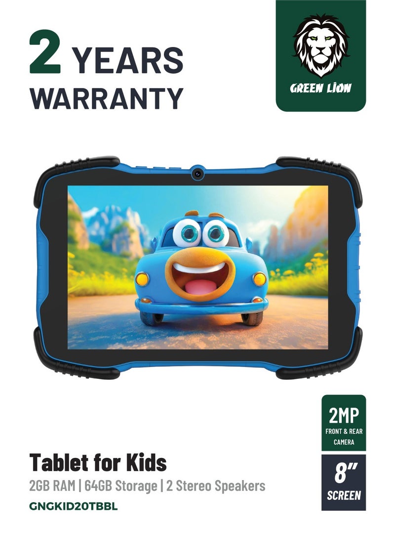 GREEN LION Tablet for Kids / 2GB Ram / 64GB Storage / 2MP Front & 2MP Rear Camera / Two Stereo Speakers / Holding Bracket / High Touch Sensitivity / Durable Tablet for Boys- Blue - Image 1
