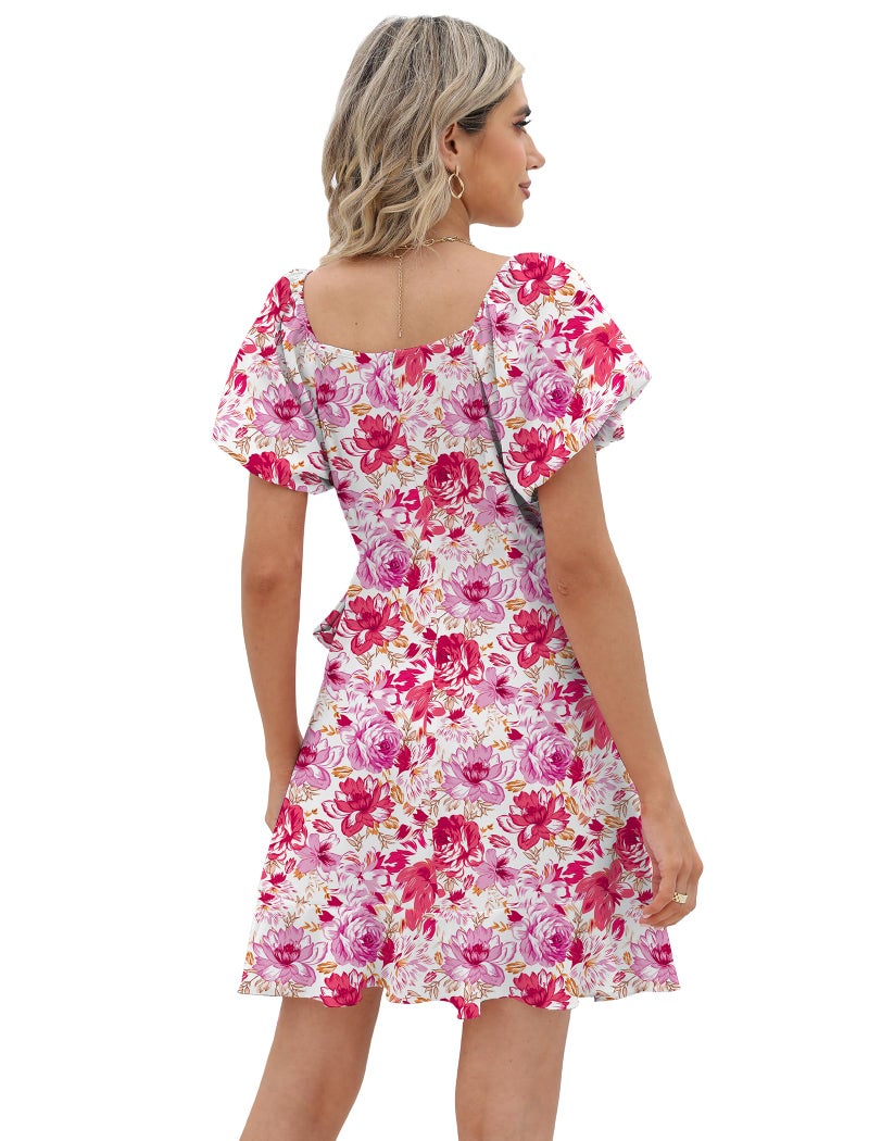 Sampeel Summer Dresses for Women 2026 Bridal Shower for Guest Puff Sleeve Ruffle Hem Bridesmaid Knee Length Dress S Floral Red - Image 4