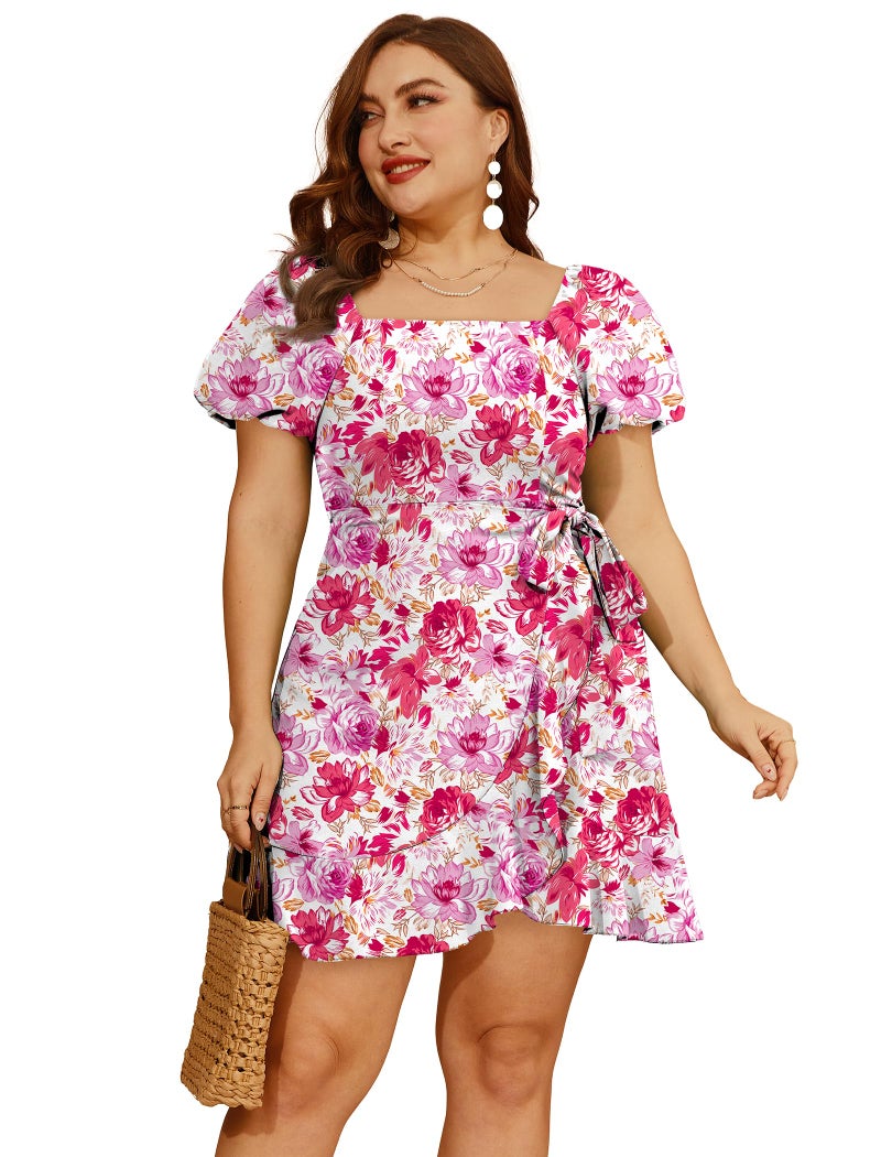 Sampeel Summer Dresses for Women 2026 Bridal Shower for Guest Puff Sleeve Ruffle Hem Bridesmaid Knee Length Dress S Floral Red - Image 3