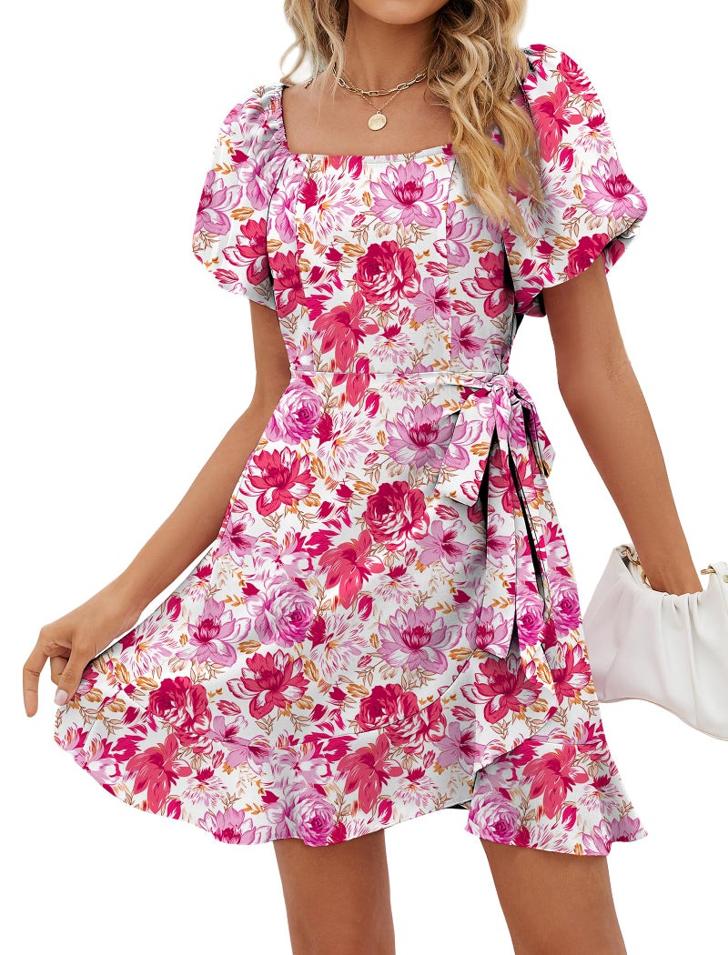 Sampeel Summer Dresses for Women 2026 Bridal Shower for Guest Puff Sleeve Ruffle Hem Bridesmaid Knee Length Dress S Floral Red - Image 1