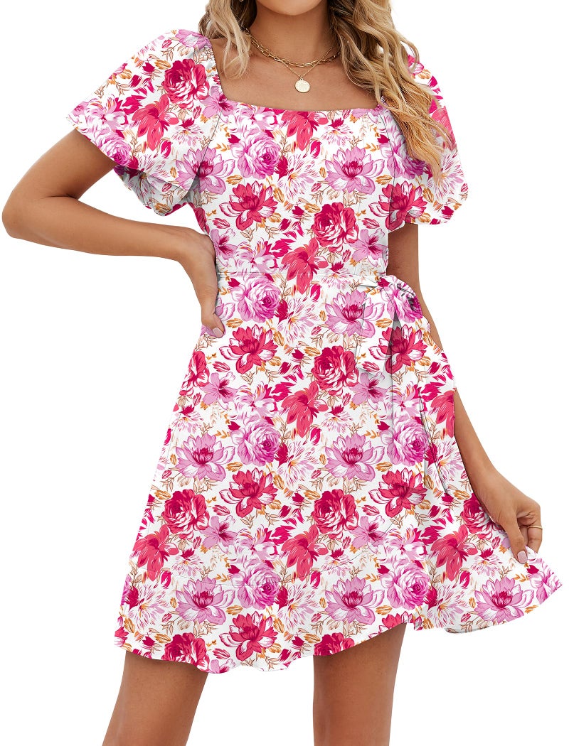 Sampeel Summer Dresses for Women 2026 Bridal Shower for Guest Puff Sleeve Ruffle Hem Bridesmaid Knee Length Dress S Floral Red - Image 2