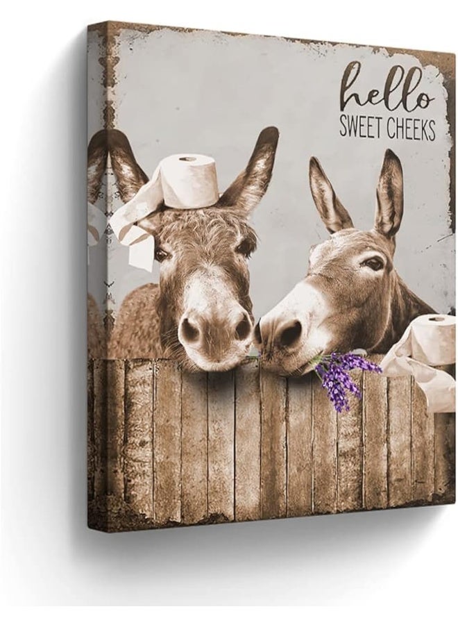 Kateflower Bathroom Decor Canvas Wall Art Donkey Pictures Wall Decor Funny Farmhouse Donkey Painting for Bathroom Toilet Prints Rustic Animals Bathroom Artwork Framed 12"x16" - Image 1