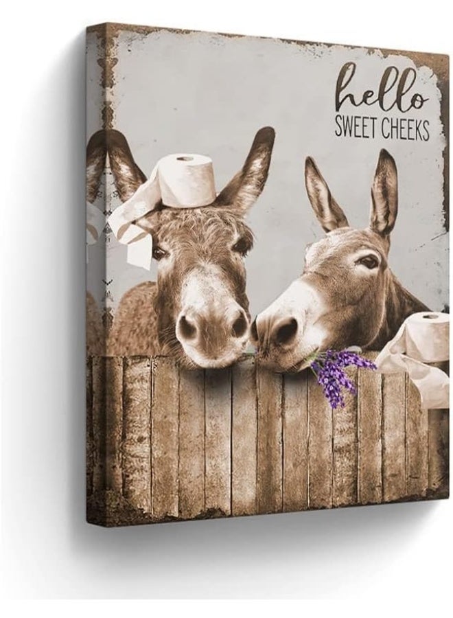 Kateflower Bathroom Decor Canvas Wall Art Donkey Pictures Wall Decor Funny Farmhouse Donkey Painting for Bathroom Toilet Prints Rustic Animals Bathroom Artwork Framed 12"x16" - Image 2