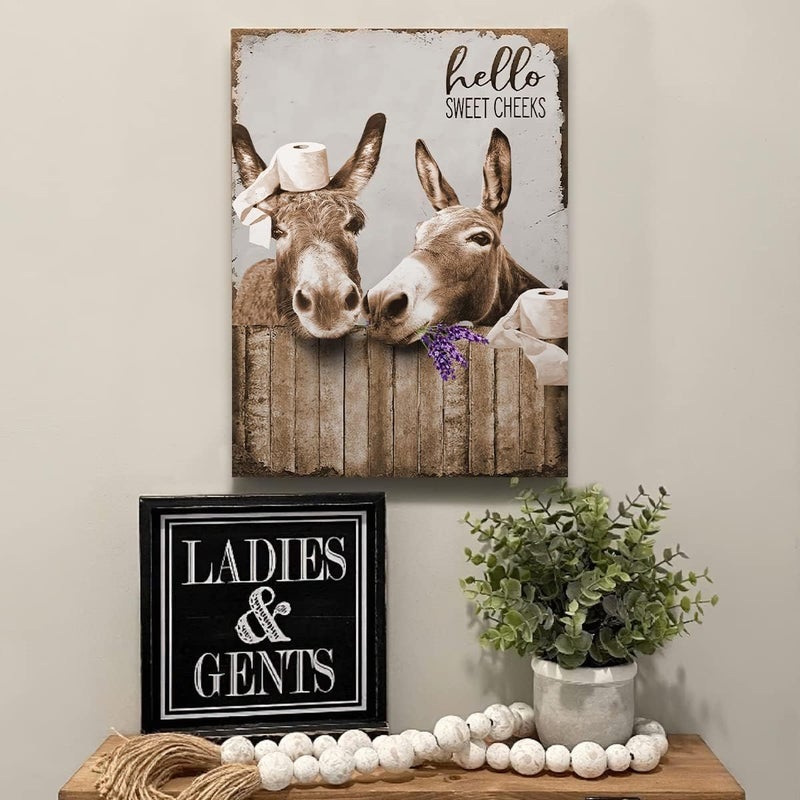 Kateflower Bathroom Decor Canvas Wall Art Donkey Pictures Wall Decor Funny Farmhouse Donkey Painting for Bathroom Toilet Prints Rustic Animals Bathroom Artwork Framed 12"x16" - Image 3