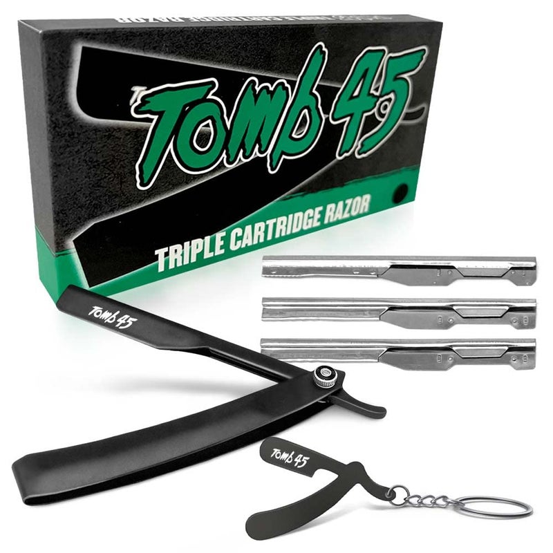 Tomb45 Triple Cartridge Razor Holder | Disposable Razor Safety Handle For Barbers | 100% Metal Grip & 3 Adjustable Blade Exposure Options For Shaving | Men's Straight Edge Razors Manual Shaver