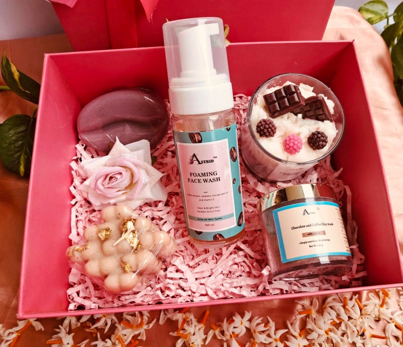 Astrid Diwali Delight Coffee -Choco Bliss Aromatherapy Gift Box by Astrid | Handmade Gifting | Foaming Face wash, Dessert candle, Clay mask, handmade soap - Image 1