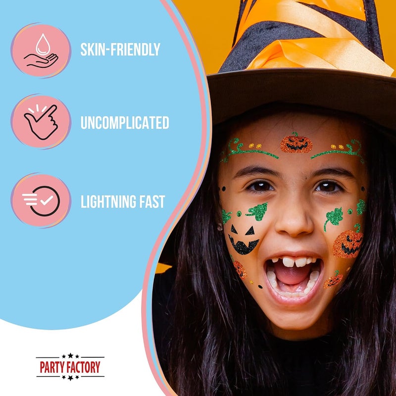 Party Factory Room to room portable Pumpkin Face Tattoo, Temporary Glitter Face Tattoo for Theme Party, Halloween & Carnival, Children & Adults Economical varied design options - Image 4
