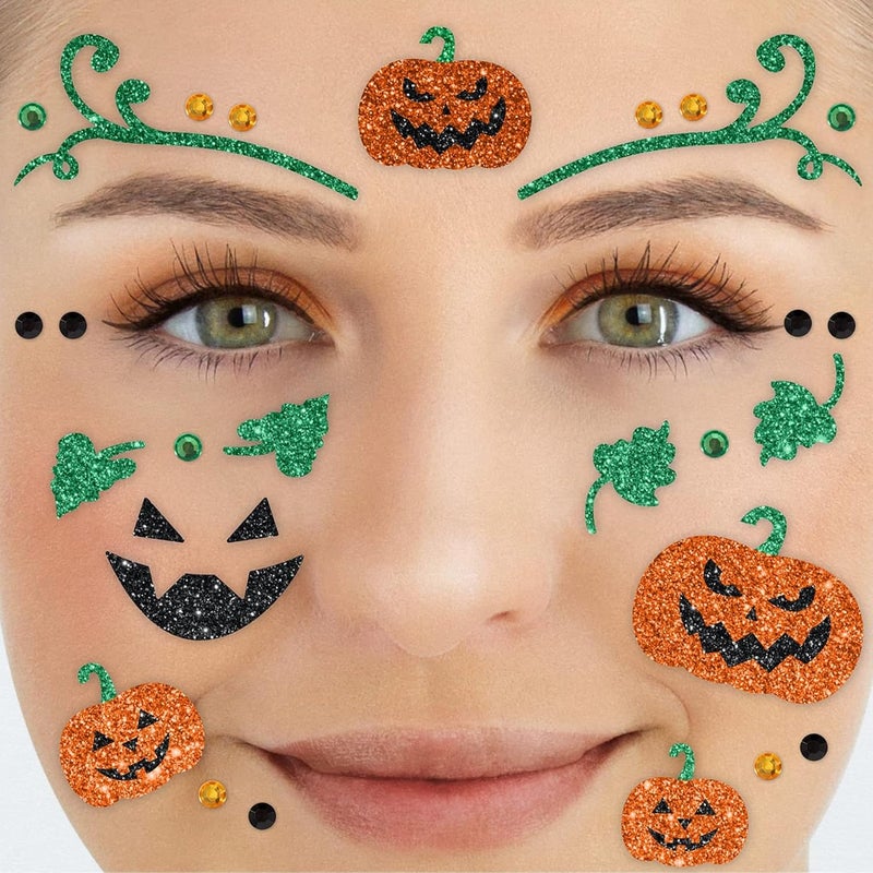 Party Factory Room to room portable Pumpkin Face Tattoo, Temporary Glitter Face Tattoo for Theme Party, Halloween & Carnival, Children & Adults Economical varied design options - Image 1