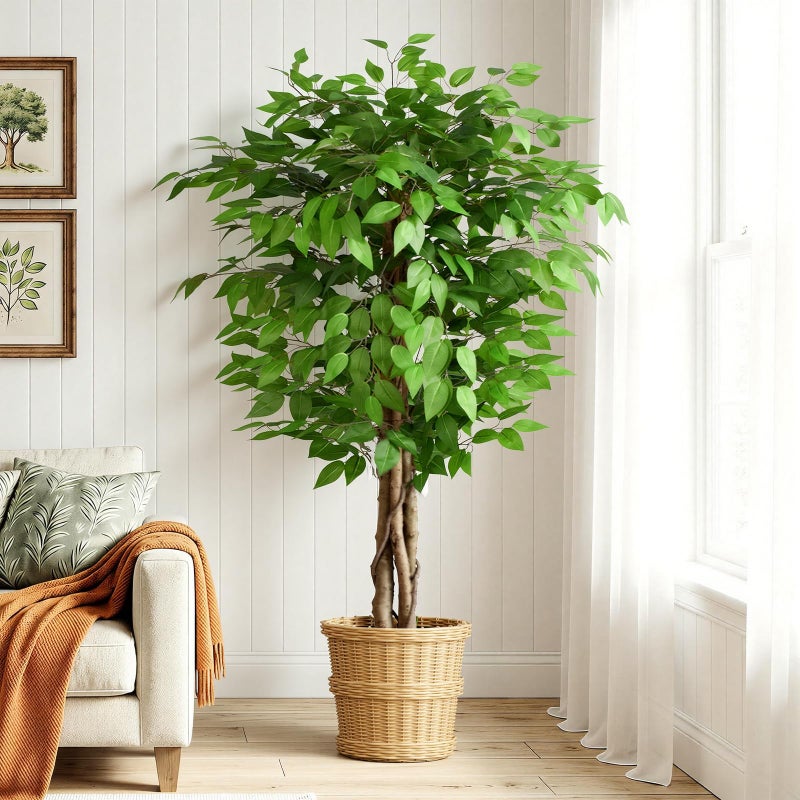Keeplush 5ft Ficus Artificial Trees with Natural Curved Trunks, 60" Tall Lush Faux Tree for Home Decor Indoor, Green Lifelike Fake Ficus Tree Artificial Plants - Image 1