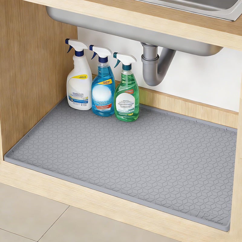 TRZZ Silicone Waterproof Under Sink Mat 34" x 19", Drip Tray and Cabinet Liner for Kitchen and Bathroom, Prevents Water Damage and Organizes Cabinets (Grey) - Image 1