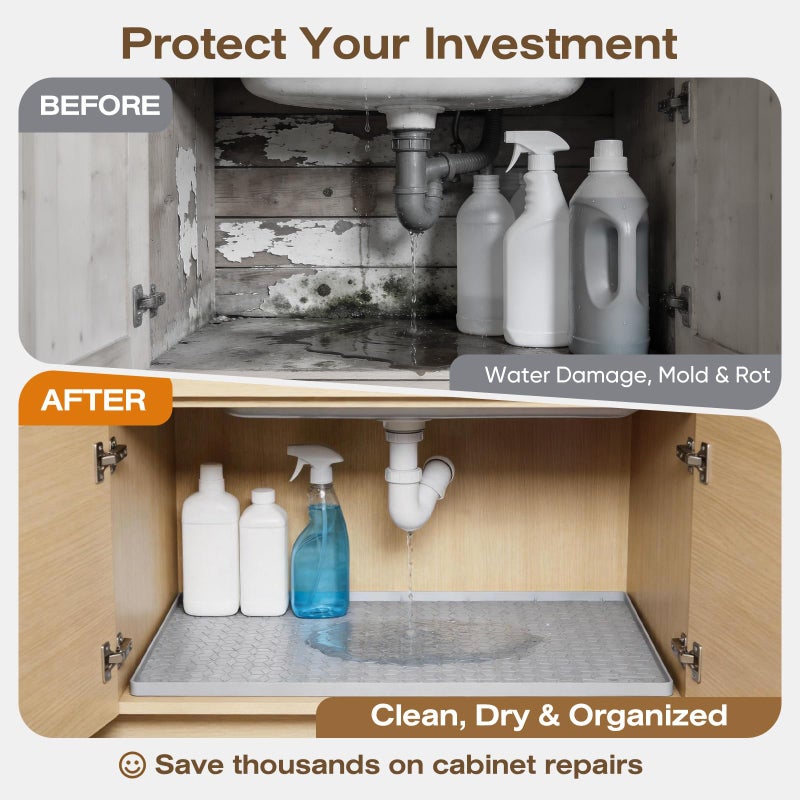 TRZZ Silicone Waterproof Under Sink Mat 34" x 19", Drip Tray and Cabinet Liner for Kitchen and Bathroom, Prevents Water Damage and Organizes Cabinets (Grey) - Image 5