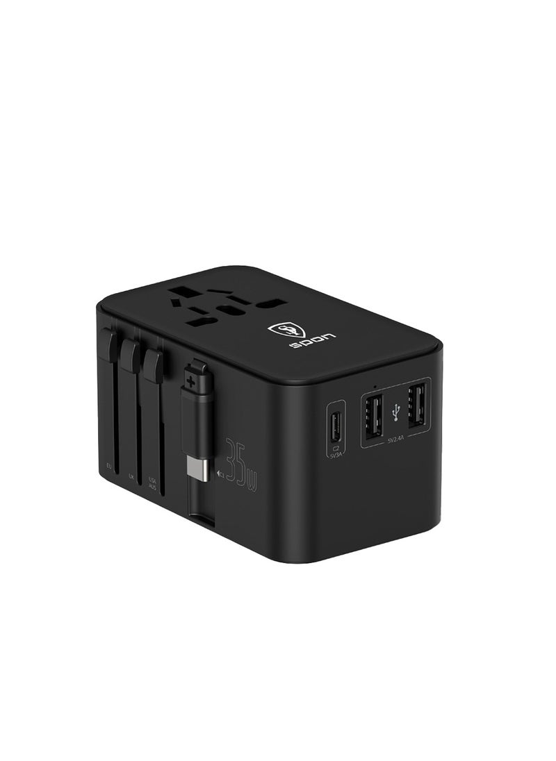 A versatile 2500W power adapter that supports fast charging via USB-C and USB-A ports at up to 55W. Its compact design with universal plugs (EU, US, UK) is ideal for charging various devices while traveling with ease and safety.