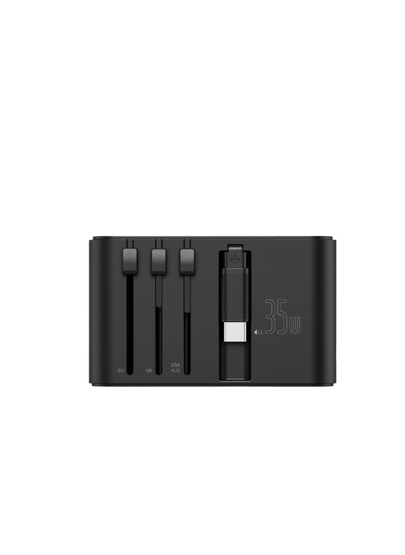 A versatile 2500W power adapter that supports fast charging via USB-C and USB-A ports at up to 55W. Its compact design with universal plugs (EU, US, UK) is ideal for charging various devices while traveling with ease and safety.