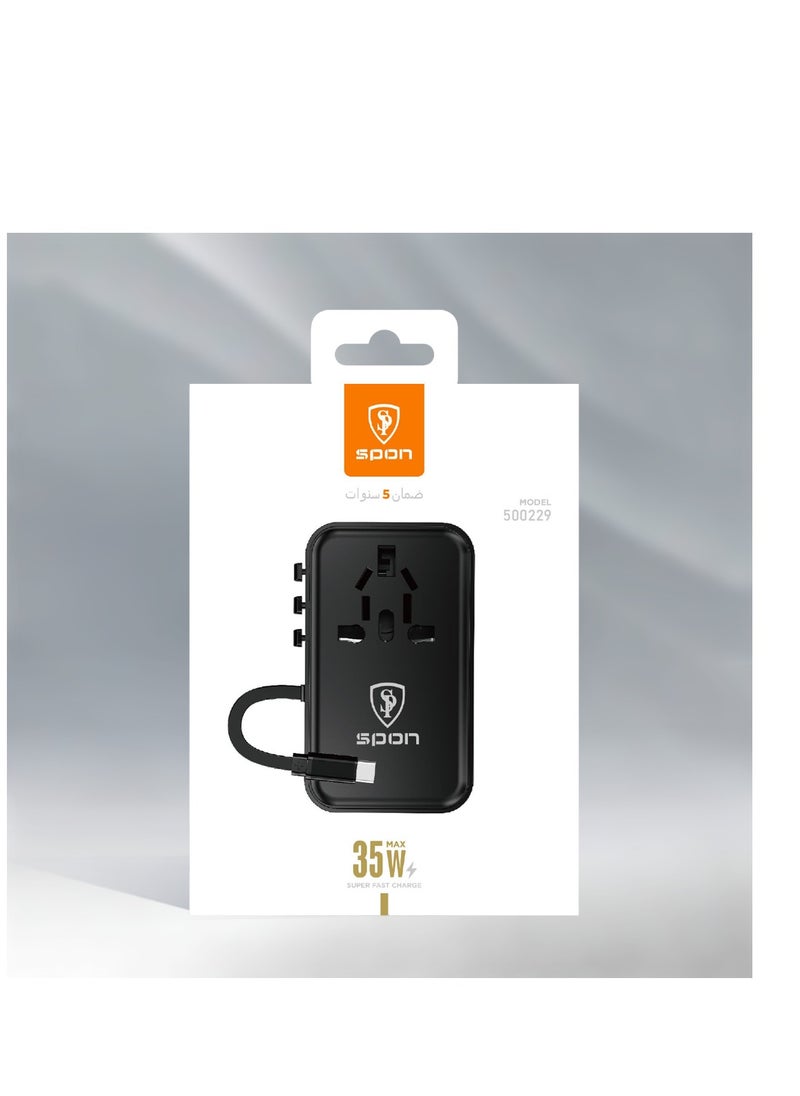 A versatile 2500W power adapter that supports fast charging via USB-C and USB-A ports at up to 55W. Its compact design with universal plugs (EU, US, UK) is ideal for charging various devices while traveling with ease and safety.