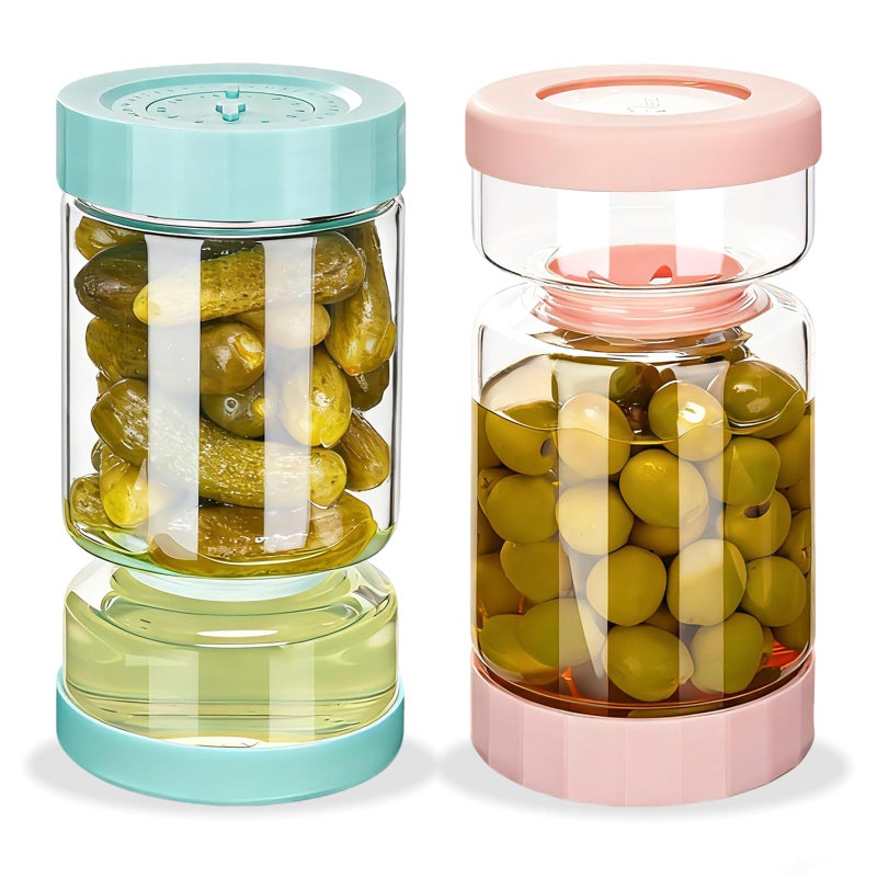 ZENS Pickle Jar with Strainer Flip, 37 oz Hourglass Pickle Juice Separator Container, Airtight Leakproof Lid, Dual Wet-Dry Design, Time Tracker Lid - 2 Pack Olive & Kimchi Jars - Image 1