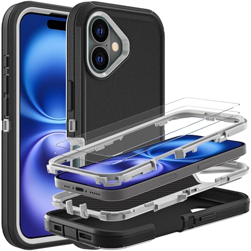 YKHJKLEC for iPhone 16 Case, Military Grade 3 in 1 Heavy Duty Shockproof/Drop Proof/Dust Proof Case with 2Pcs Tempered Glass Screen Protector (Black/Grey) - Image 1
