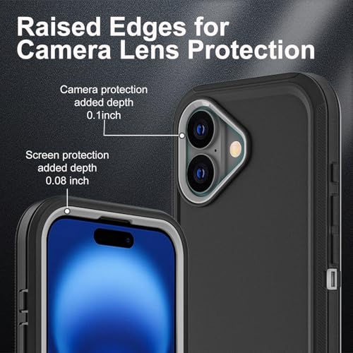 YKHJKLEC for iPhone 16 Case, Military Grade 3 in 1 Heavy Duty Shockproof/Drop Proof/Dust Proof Case with 2Pcs Tempered Glass Screen Protector (Black/Grey) - Image 3