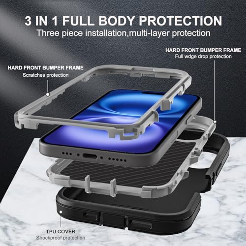 YKHJKLEC for iPhone 16 Case, Military Grade 3 in 1 Heavy Duty Shockproof/Drop Proof/Dust Proof Case with 2Pcs Tempered Glass Screen Protector (Black/Grey) - Image 4