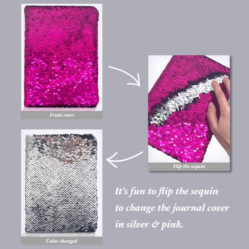 GINMLYDA Sequin Girls Journal for Kids, 8.5x5.5 Inches 160 Lined Pages Diary for Girls and Boys Reversible Flip Sequence Notebook for Teen Pre School Writing Drawing Travel Gifts (Rose Red-Sliver) - Image 3