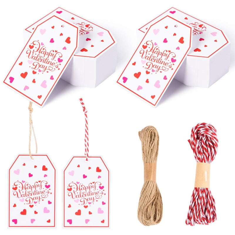 FOBSME 200 Pcs Valentine's Day Gift Tags with String 3.35x2.17 Inch Happy Valentine's Day Tags Paper Valentines Heart Hanging Tag for Gift Wrapping, Treat Bags, Party Decorations, DIY Crafts - Image 1
