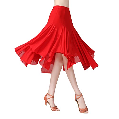 AFAVOM Ballroom Dance Skirts for Women Ballroom Dancing Irregular Long Swing Waltz Latin Salsa Belly Dance Skirts Tango Cha Cha Practice Skirt Flamenco Dress Costume for Performance Red One Size - Image 1