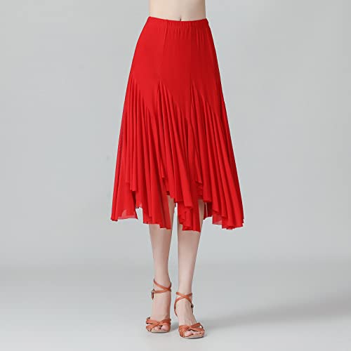 AFAVOM Ballroom Dance Skirts for Women Ballroom Dancing Irregular Long Swing Waltz Latin Salsa Belly Dance Skirts Tango Cha Cha Practice Skirt Flamenco Dress Costume for Performance Red One Size - Image 4