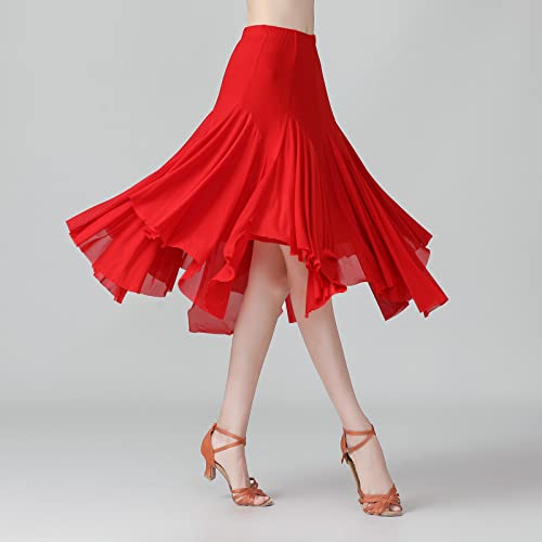 AFAVOM Ballroom Dance Skirts for Women Ballroom Dancing Irregular Long Swing Waltz Latin Salsa Belly Dance Skirts Tango Cha Cha Practice Skirt Flamenco Dress Costume for Performance Red One Size - Image 3