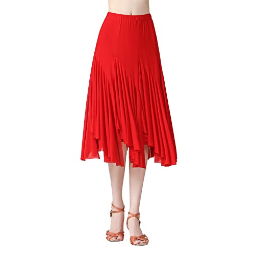 AFAVOM Ballroom Dance Skirts for Women Ballroom Dancing Irregular Long Swing Waltz Latin Salsa Belly Dance Skirts Tango Cha Cha Practice Skirt Flamenco Dress Costume for Performance Red One Size - Image 2
